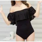Plain Frill Trim Off Shoulder Swimsuit