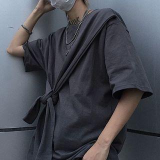 Tie Waist Elbow-sleeve T-shirt Gray - One Size