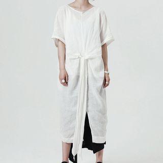 Elbow-sleeve Twisted Midi T-shirt Dress
