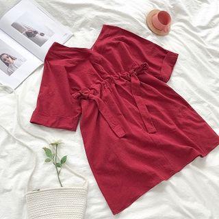 Plain V-neck Drawcord Lace-up Short-sleeve Dress