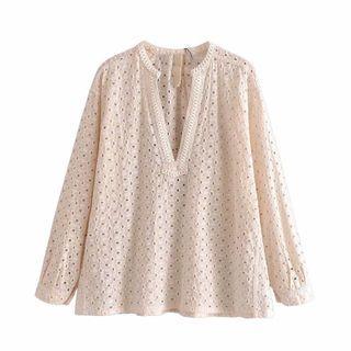 Long-sleeve Embroidered Eyelet Blouse
