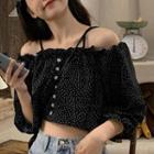 Cold-shoulder Dotted Cropped Blouse White Dots - Black - One Size