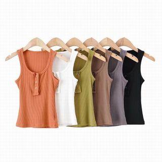 Plain Half-button Ribbed Tank Top