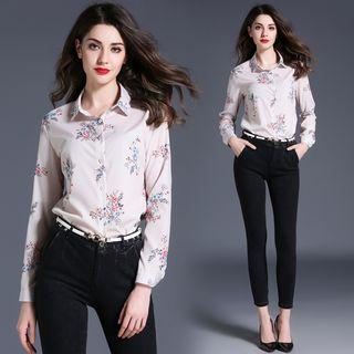Single-breasted Long-sleeved Floral Print Slim Blouse