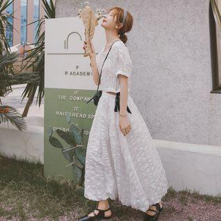 Short-sleeve Shirred Cutout Bow Midi A-line Dress