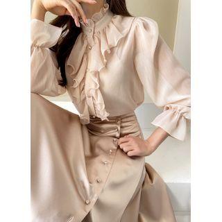 Frilled Puff-sleeve Chiffon Blouse Beige - One Size