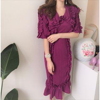 Elbow-sleeve Ruffle Midi Mermaid Dress