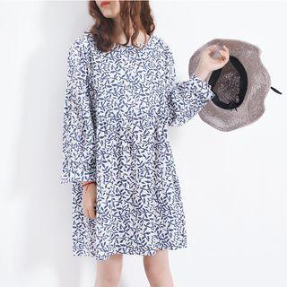 Leaf Print Long-sleeve A-line Dress