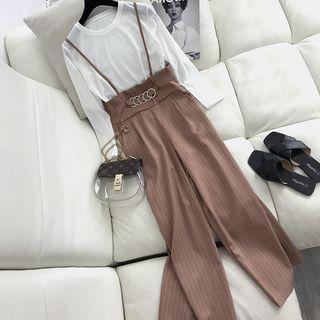 Set: Plain Long-sleeve T-shirt + Striped Wide-leg Suspender Pants