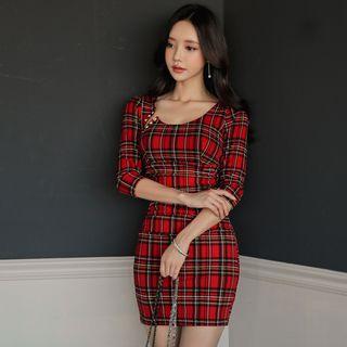 Plaid Elbow Sleeve Mini Dress