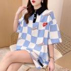 Elbow-sleeve Collar Checkered T-shirt
