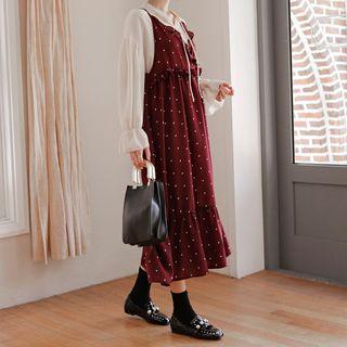 Spaghetti-strap Frill-trim Polka-dot Long Dress