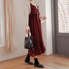 Spaghetti-strap Frill-trim Polka-dot Long Dress