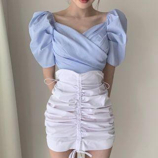 Puff-sleeve Blouse / Ruched Mini Pencil Skirt