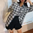 Long-sleeve Cold-shoulder Plaid Shirt / Ruffle Slim-fit Skirt