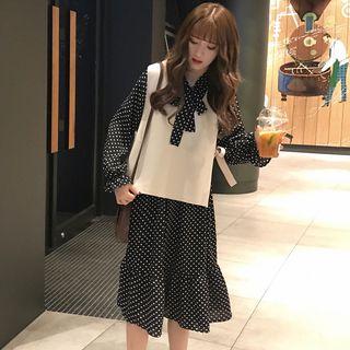 Set: Bell-sleeve Midi Dotted A-line Dress + V-neck Vest
