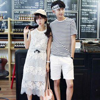 Couple Matching Striped Short Sleeve T-shirt / Lace Overlay Sleeveless Midi Dress