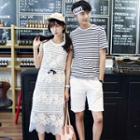 Couple Matching Striped Short Sleeve T-shirt / Lace Overlay Sleeveless Midi Dress