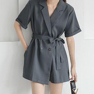 Notch Lapel Double-breasted Elbow-sleeve Playsuit