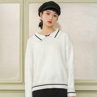 Contrast Trim Collared Long Sleeve Knit Top