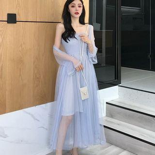 Set: Shirred Midi Spaghetti Strap Dress + Open Front Light Jacket
