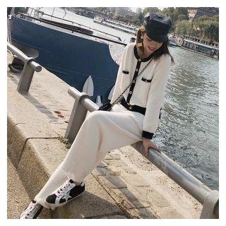 Set: Contrast Trim Cardigan + Wide Leg Pants