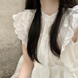 Cap-sleeve Scallop Edge Blouse White - One Size