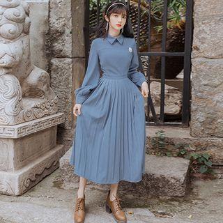 Long-sleeve Midi Pleated Lace Dress