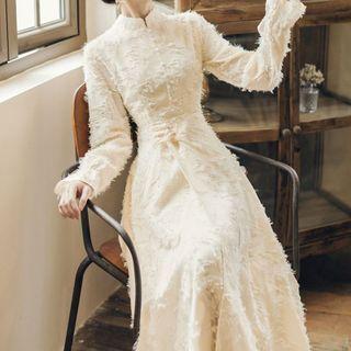Long-sleeve Stand-collar A-line Maxi Dress