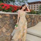 Spaghetti-strap Mesh Panel Floral Midi A-line Dress