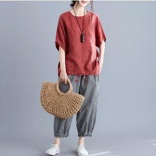 Elbow-sleeve Linen Top Tangerine Red - One Size