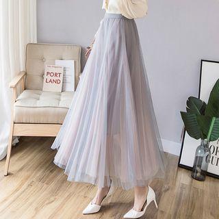 High-waist Pleated A-line Sheer Maxi Skirt