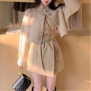 Asymmetric Belted A-line Dress / Cardigan