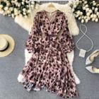 V-neck Asymmetrical Hem Floral Puff-sleeve Dress
