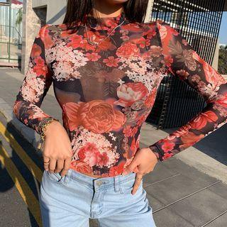 Long Sleeve Floral Print Crop Mesh Top