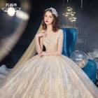 Elbow-sleeve Glitter A-line Wedding Gown