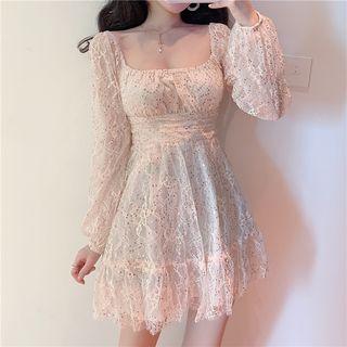 Long-sleeve Square-neck Mini A-line Lace Dress