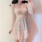 Long-sleeve Square-neck Mini A-line Lace Dress