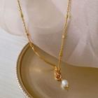 Freshwater Pearl Pendant Knot Alloy Necklace E439 - White & Gold - One Size