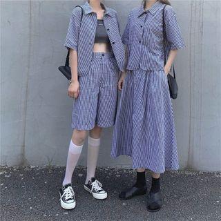 Gingham Elbow-sleeve Shirt / Shorts / Midi A-line Skirt / Set