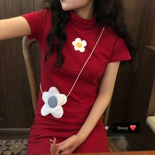 Flower Print Short-sleeve Slim-fit Dress As Shown In Figure - One Size