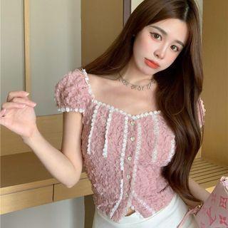 Short-sleeve Lace Button-up Slim-fit Top