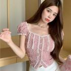 Short-sleeve Lace Button-up Slim-fit Top