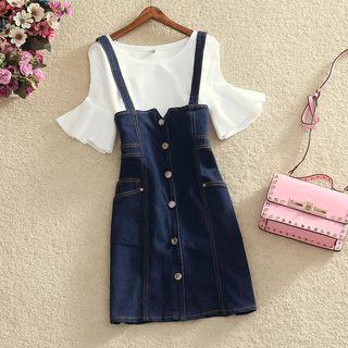 Ribbed Bell Elbow-sleeve Top / Buttoned Suspender Denim Skirt / Set: Ribbed Bell Elbow-sleeve Top + Buttoned Suspender Denim Skirt