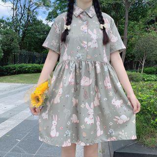 Short-sleeve Rabbit Print Shirtdress