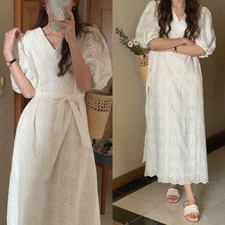 Elbow-sleeve Perforated Midi Dress White - One Size