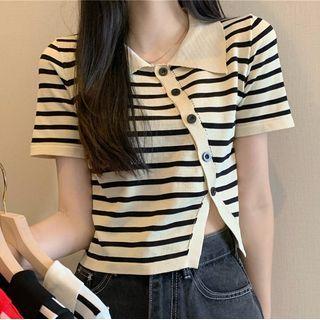 Short-sleeve Asymmetrical Striped Polo Knit Top