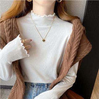 Long-sleeve Mock-neck Ruffle Trim Plain Knit Top