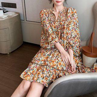 Lantern-sleeve Flower Print Shift Dress