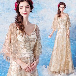 Sequin Plaid Capelet A-line Evening Gown